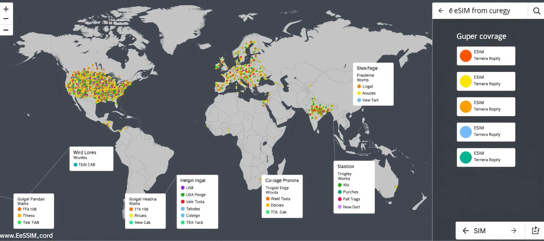 World map showing global network coverage of different eSIM providers