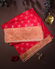 Ruby Red Katan Kadwa Banarasi Saree with Gold Zari Checkered Buttas - TSH250564