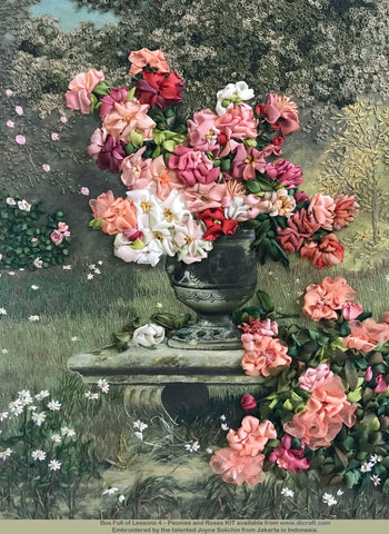 Peonies and Roses in Silk Ribbon Embroidery 