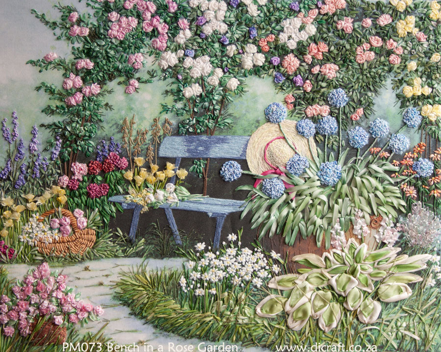 A garden in silk ribbon embroidery and stumpwork