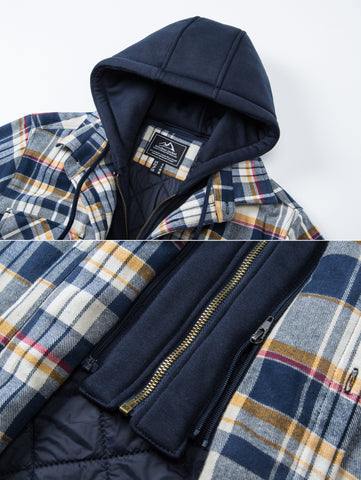 Men's Flannel Shirt Jacket with Removable Hood 5 Pockets Plaid Quilted Lined Winter Coats Thick Hoodie Outwear