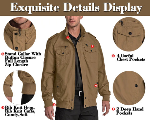 Men's Casual Jacket Lightweight Tactical Cargo Jackets Stand Collar Combat Jacket