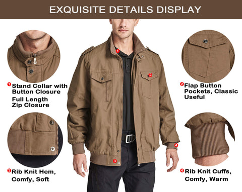 Men's Cotton Cargo Jackets Stand Collar Lightweight Tactical Jacket Windbreaker 4 Pockets