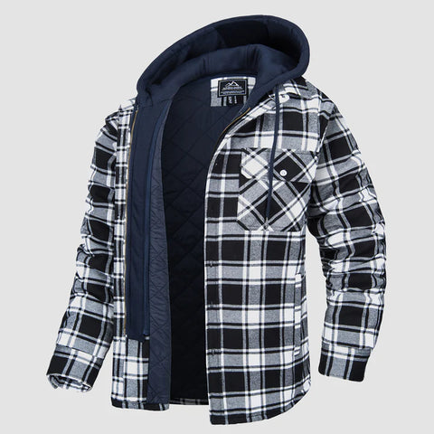 Men's Flannel Shirt Jacket with Removable Hood 5 Pockets Plaid Quilted Lined Winter Coats Thick Hoodie Outwear