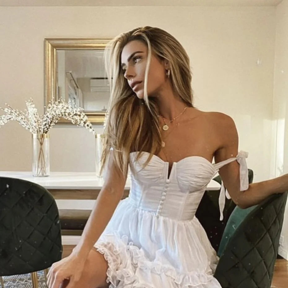 Elegant White Mini Dress for Women - Chiffon Ruffle Style - Image 3
