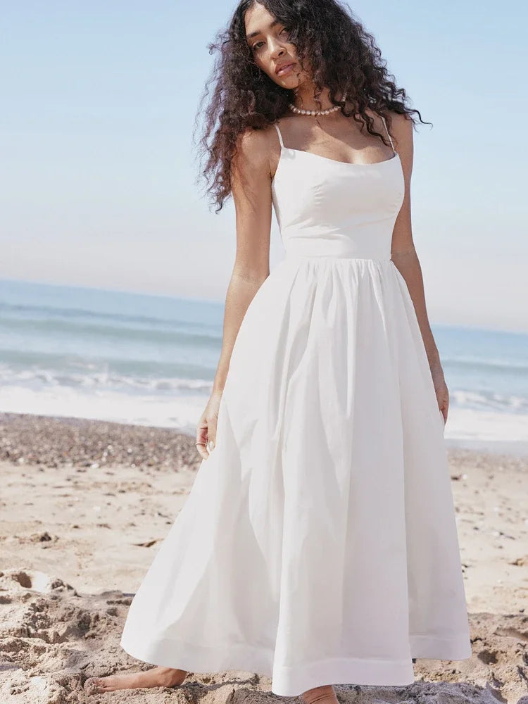 Elegant White Midi Beach Dress with Spaghetti Straps
