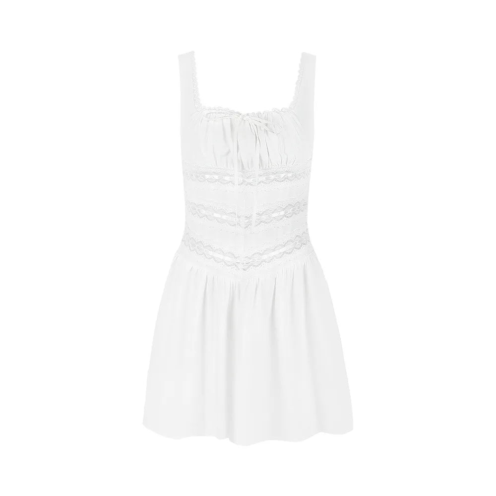 Charming Square Neck White Lace Patchwork Mini Dress - Image 6
