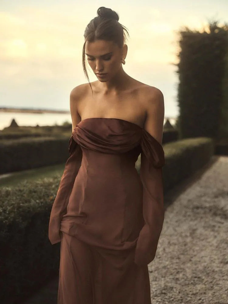 Elegant One-Line Neck Long Sleeve Maxi Party Dress