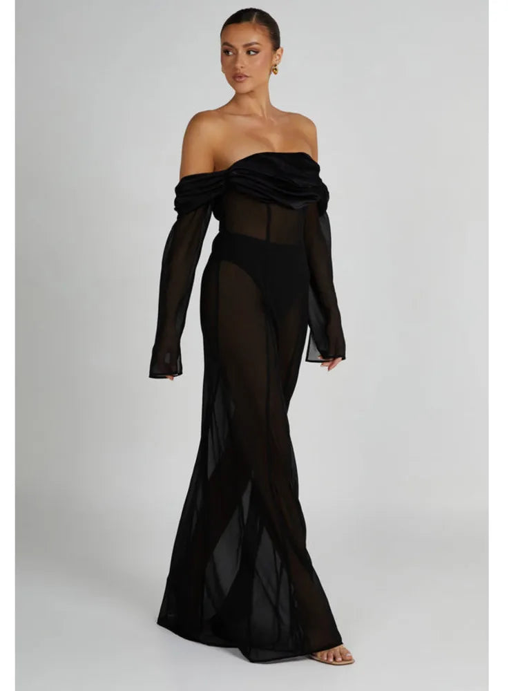 Elegant One-Line Neck Long Sleeve Maxi Party Dress - Image 7