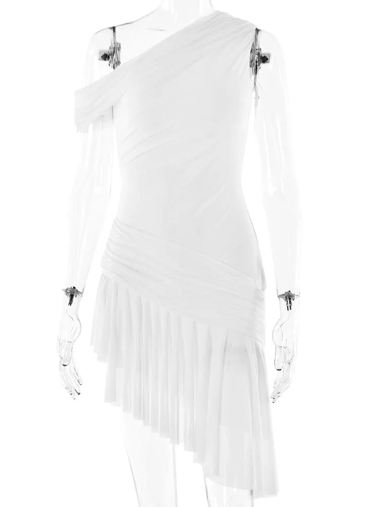Elegant Slant Neck Sleeveless Ruffle Edge Women's Dress - Image 7