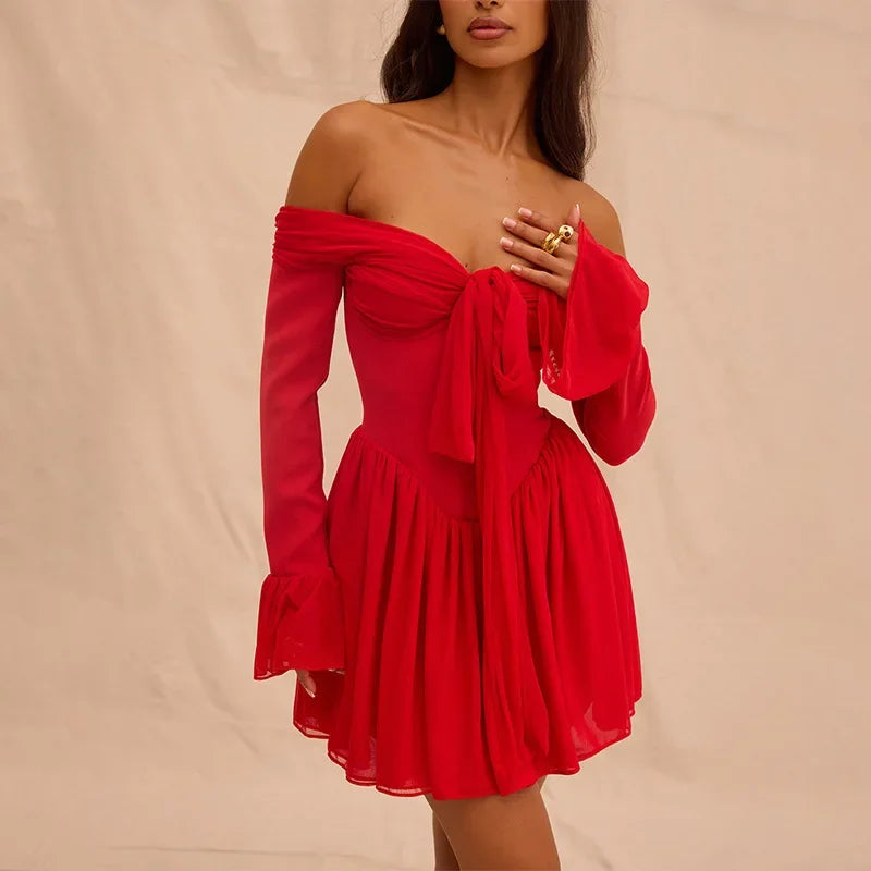 Elegant Off Shoulder Pleated Mini Dress with Color Block Design - Image 6