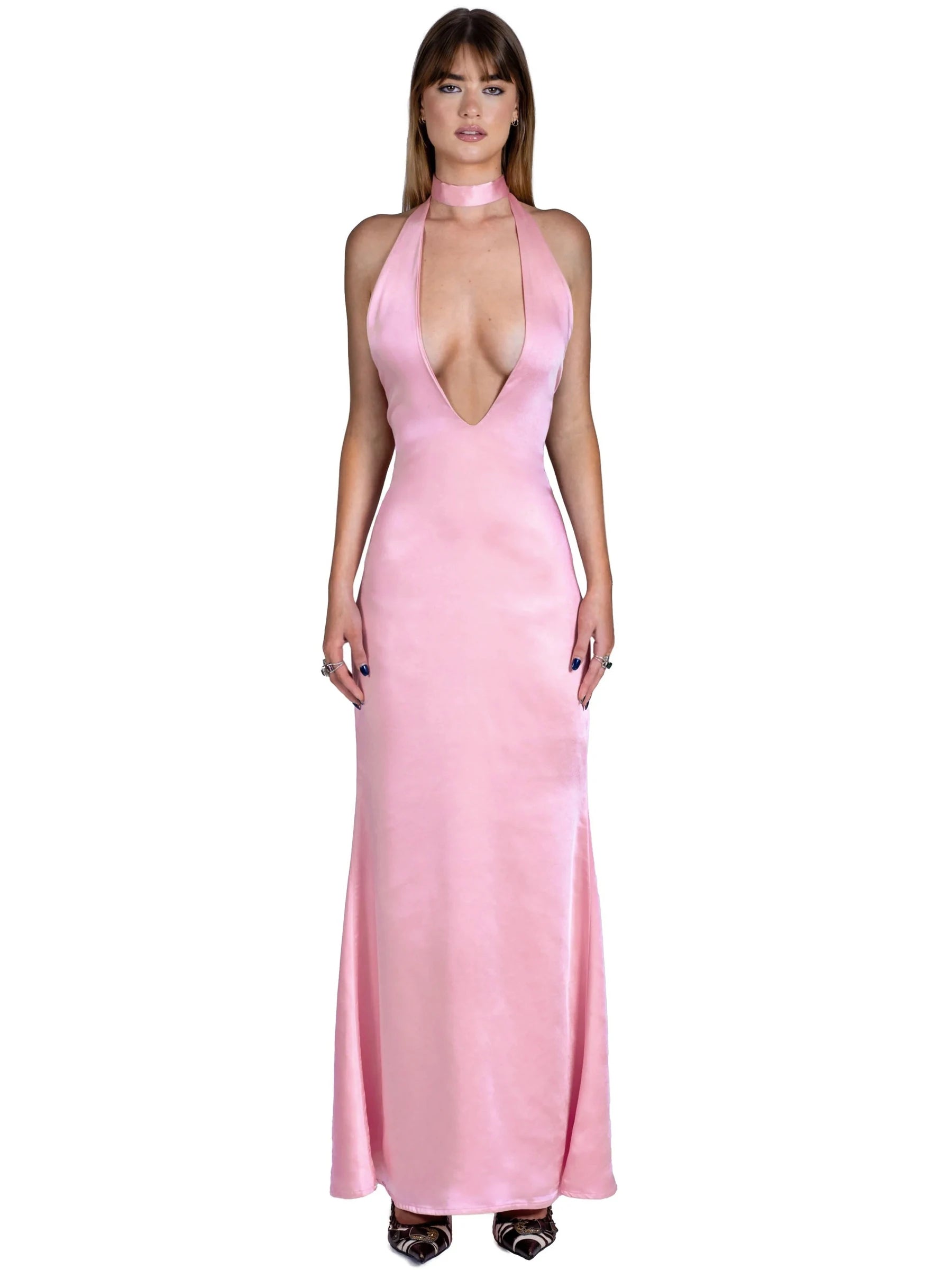 Elegant Deep V Lace-Up Satin Open Back Dress for Women - Image 4