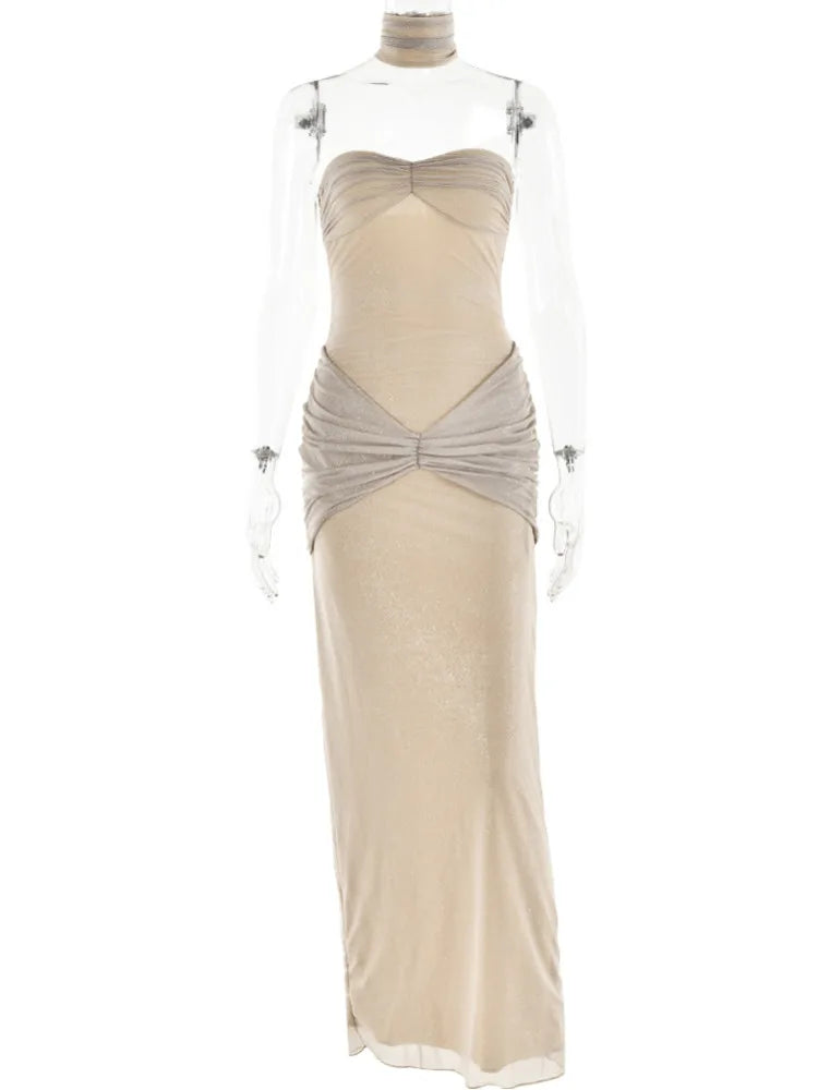 Elegant Backless Bodycon Mesh Pleated Evening Dress for Women - Image 7