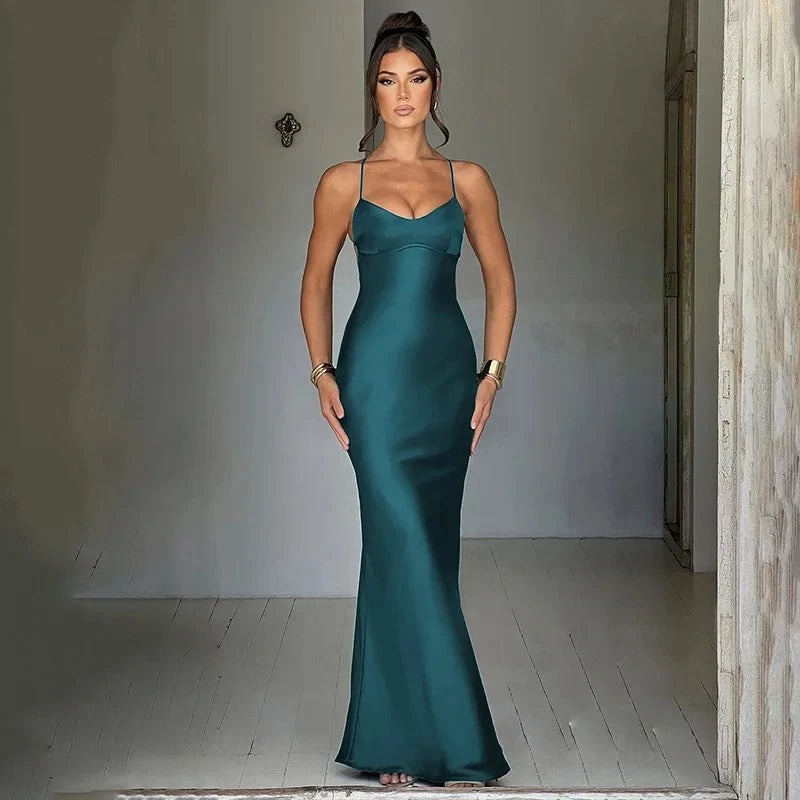Summer Slim Fit Slant Shoulder Solid Color Long Dress - Image 7