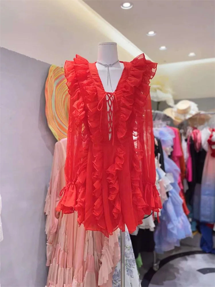 Chic V-Neck Lace-Up Ruffled Mini Dress for Women - Image 11