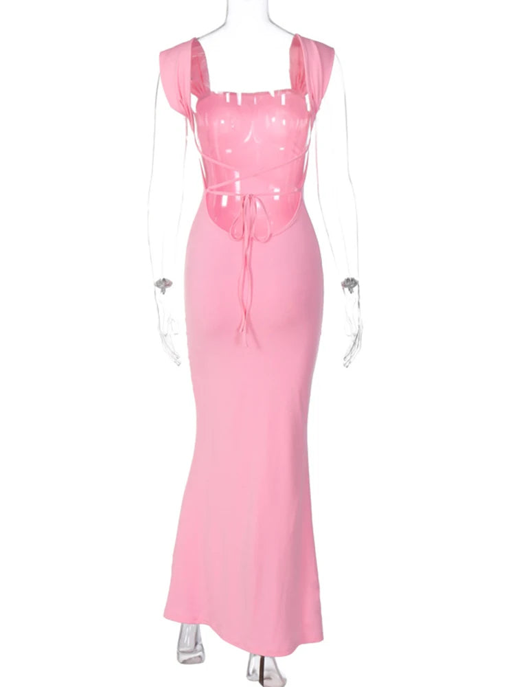 Elegant Pink Backless Lace-Up Bodycon Maxi Dress - Image 7