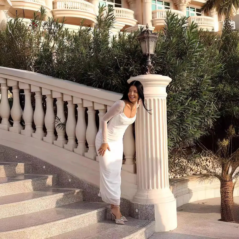Elegant White Mesh Long Sleeve Maxi Dress for Parties - Image 4