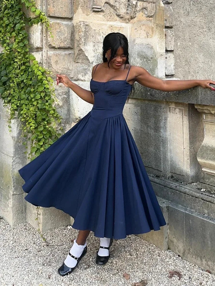 Elegant Navy Blue Spaghetti Strap Midi Dress for Parties - Image 5