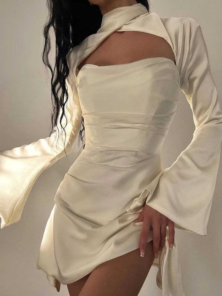 Elegant White Long Sleeve Satin Dress for Special Occasions - Image 3