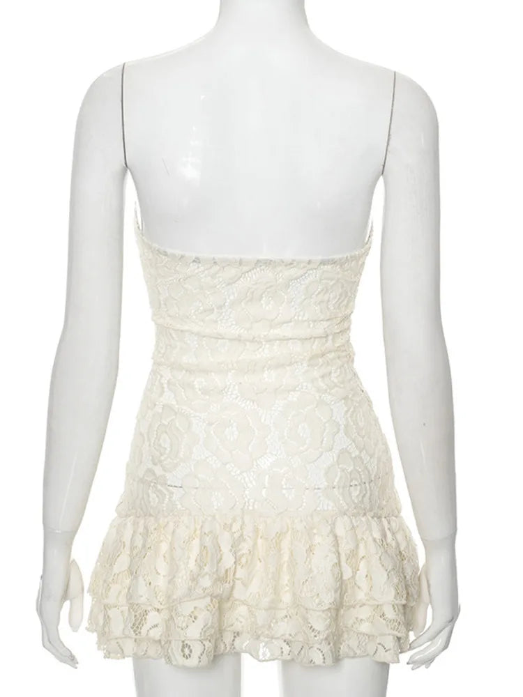 Sexy Strapless Lace Patchwork Double-Layer High-Waisted Dress - Image 7
