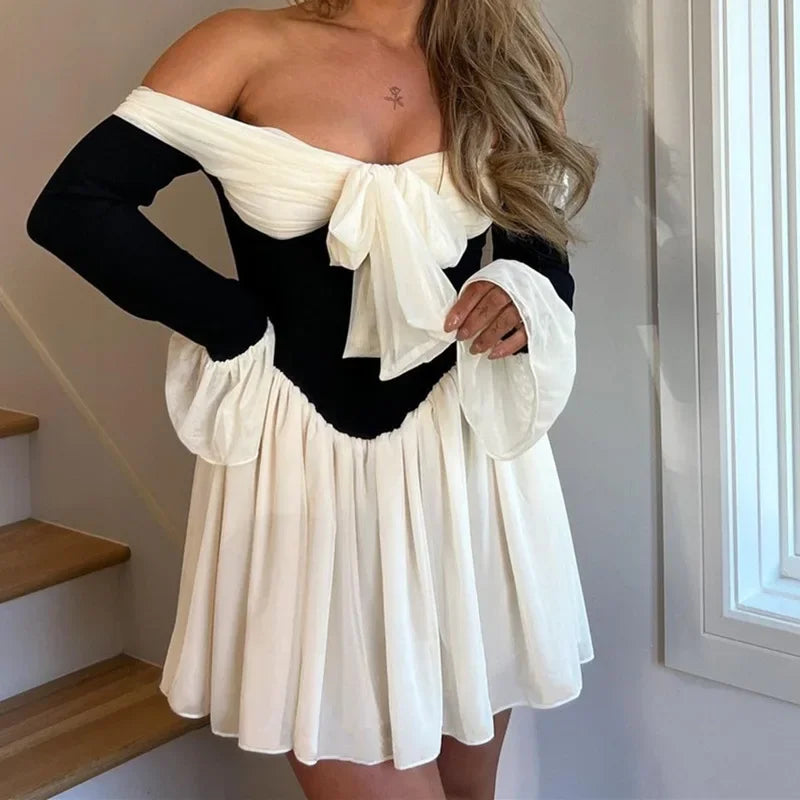 Elegant Off Shoulder Pleated Mini Dress with Color Block Design - Image 3