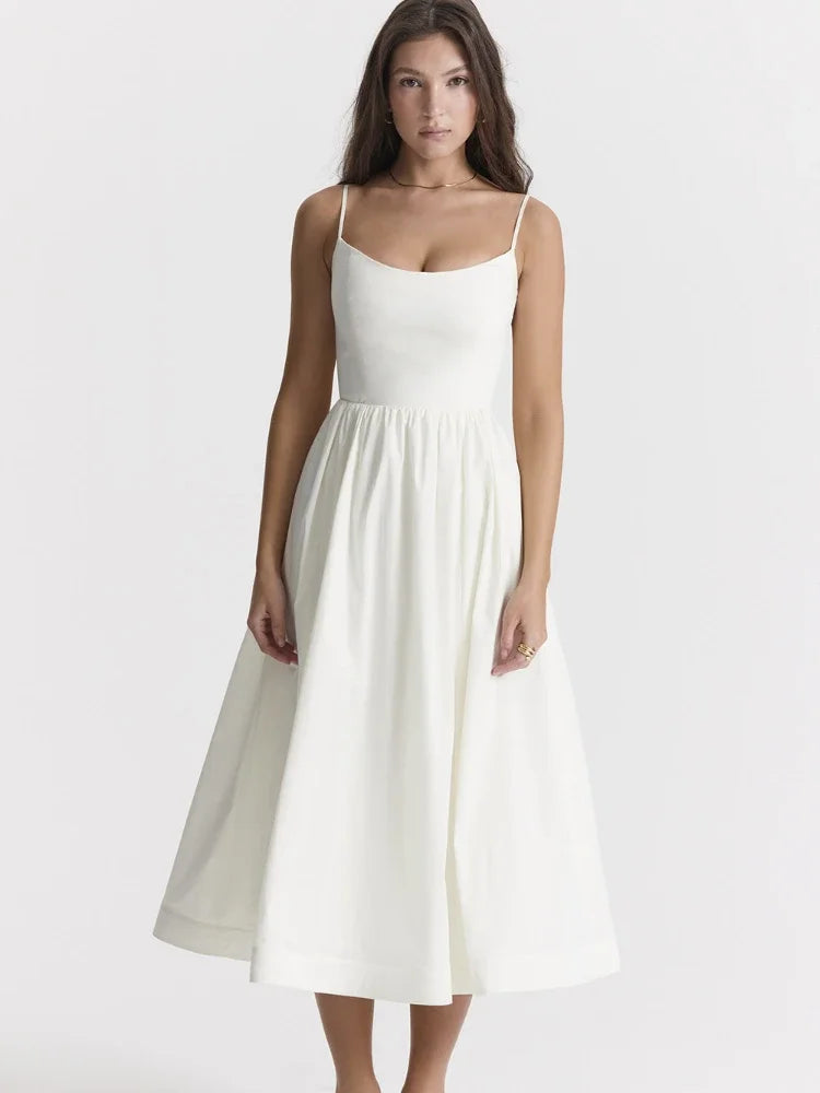 Elegant White Midi Beach Dress with Spaghetti Straps - Image 3