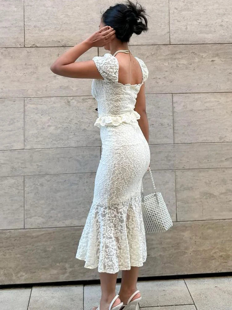 Elegant Women's V-Neck Lace Maxi Skirt Set - Image 4
