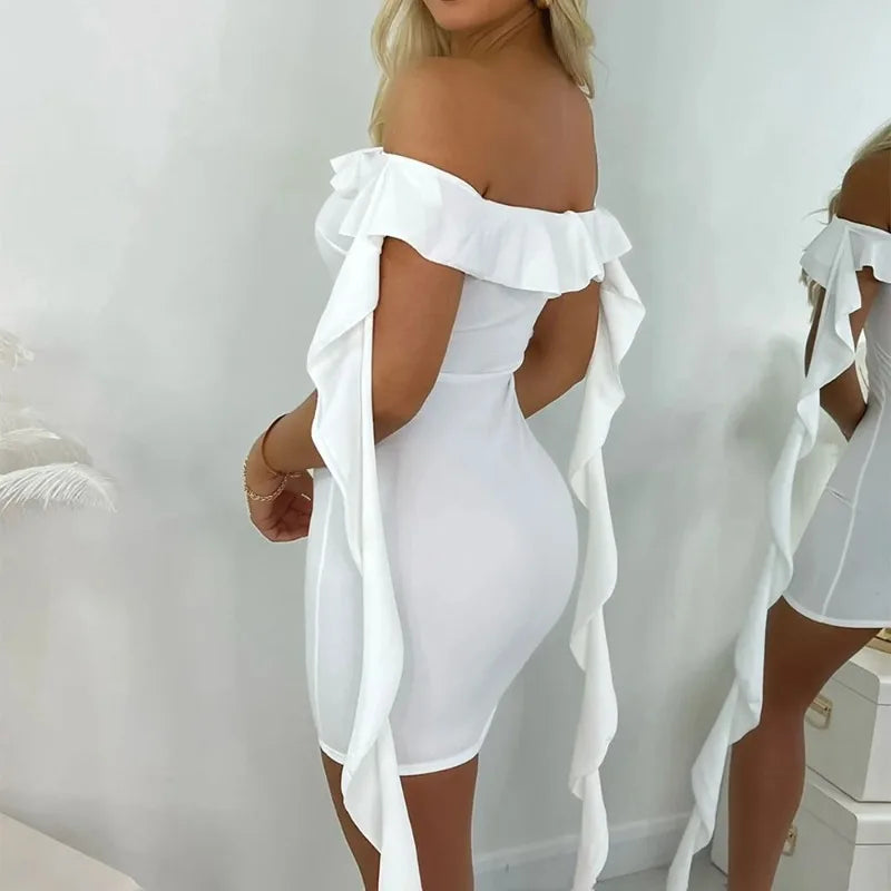 Ruffled Off Shoulder Mini Dress - Pleated Slim Party Style - Image 6