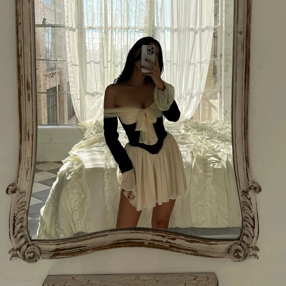 Elegant Off-the-Shoulder Flare Sleeve Mini Dress – Beige - Image 3