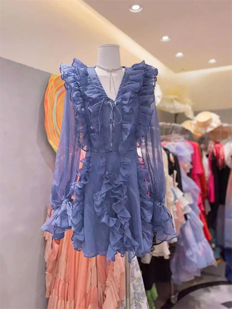Chic V-Neck Lace-Up Ruffled Mini Dress for Women - Image 6