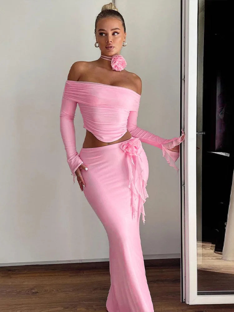 Elegant Off-Shoulder 3D Flower Two-Piece Dress Set - Image 5