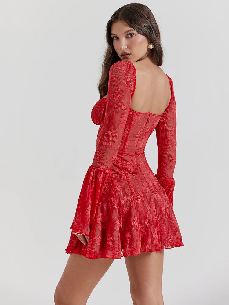Elegant Lace Patchwork Dress with Flare Sleeves for Women - Image 3