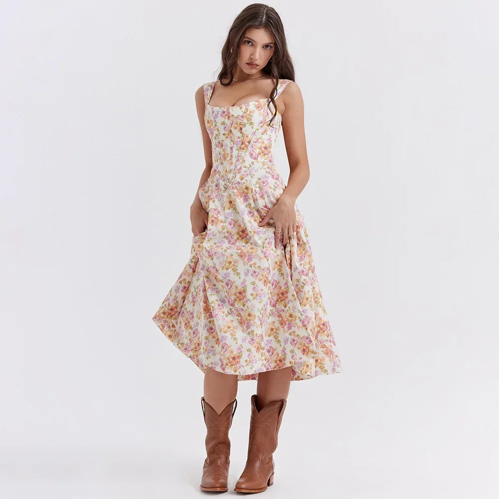Elegant Summer Corset Midi Dress with Floral Print - Image 5