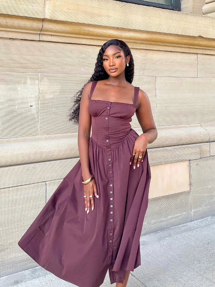 Trendy Brown Midi Spaghetti Strap Dress for Women - Image 5