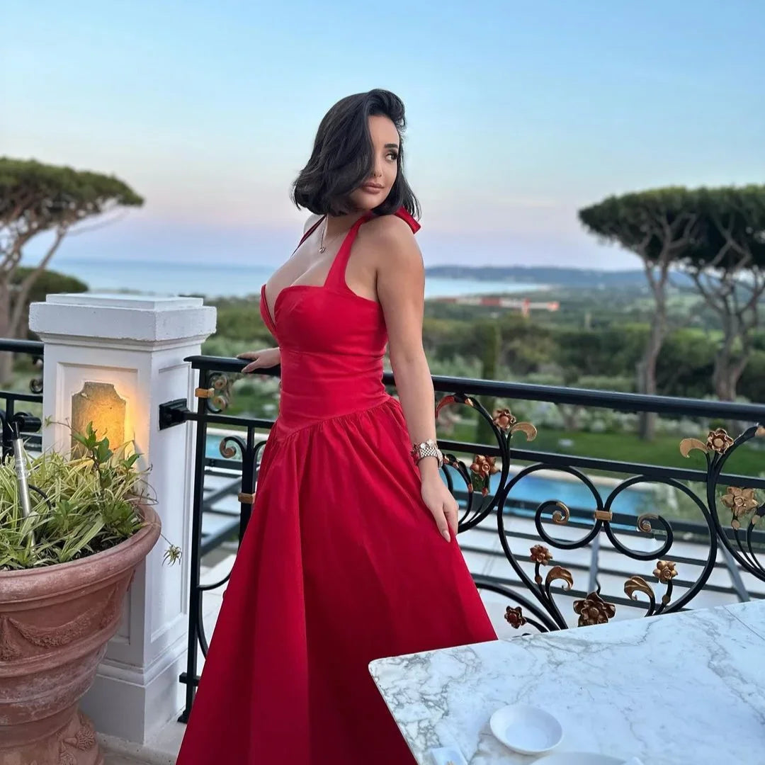 Elegant Red Halter Fit and Flare Summer Dress - Image 7