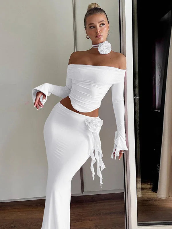Elegant 3D Flower Long Sleeve Two-Piece Evening Dress - Image 6