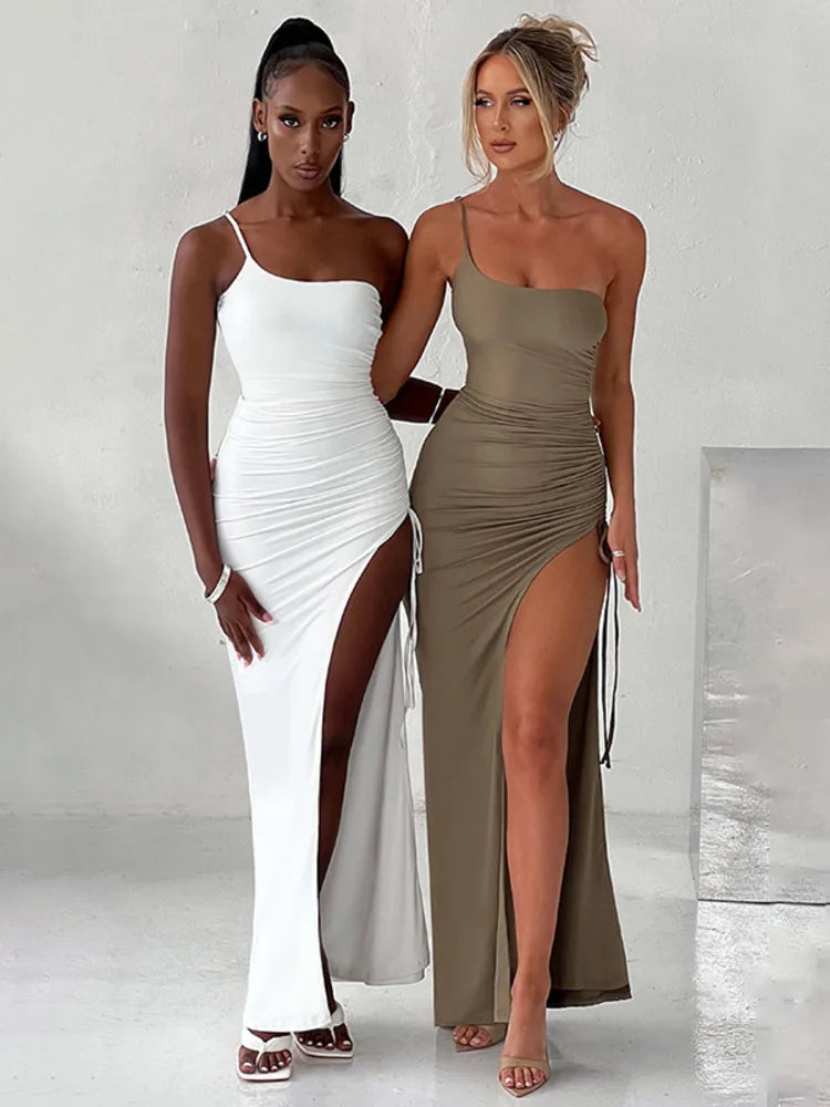One-Shoulder Bodycon Thigh High Split Maxi Dress - Image 6