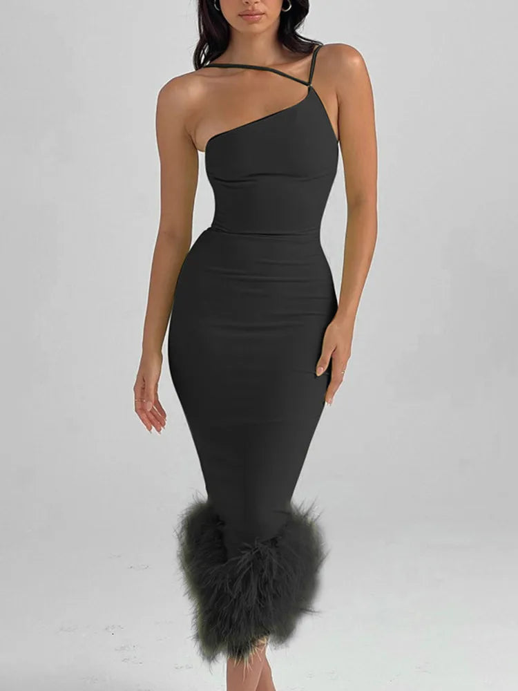 Elegant One Shoulder Midi Dress with Fur Detail - Image 5