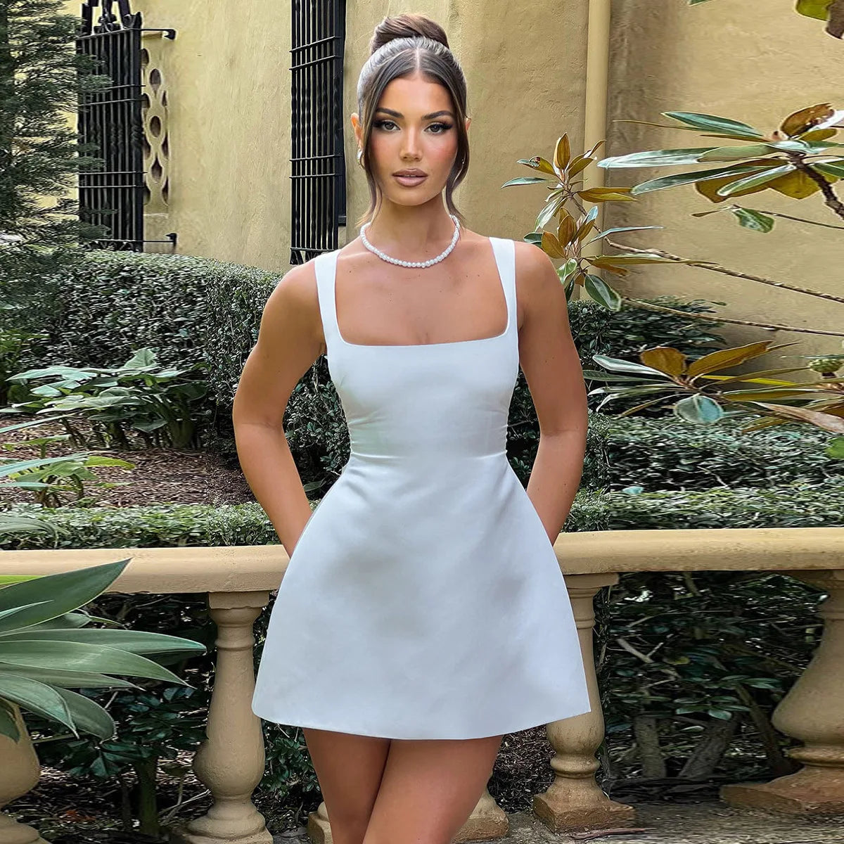Elegant Satin Square Collar Sleeveless Dress for Women