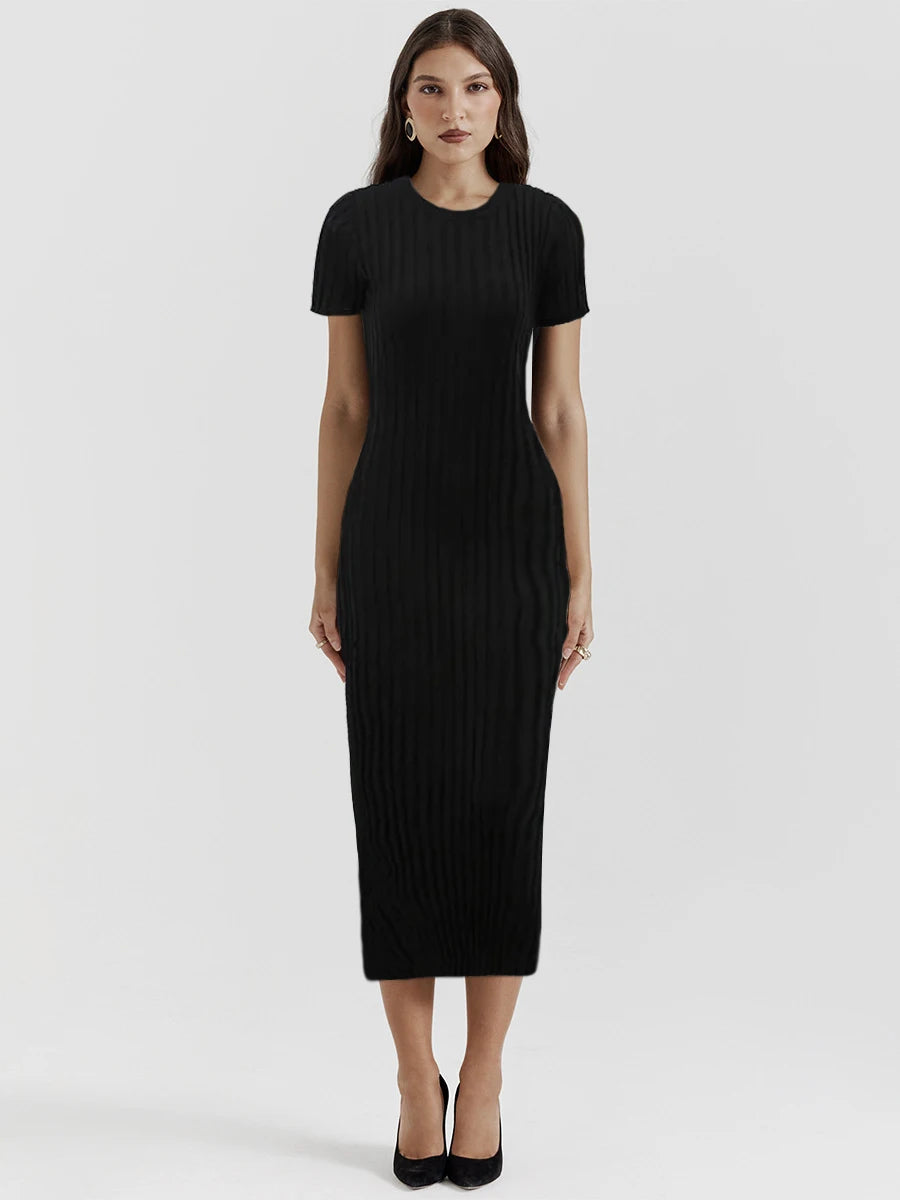 Elegant Ribbed Maxi Dress with Pleated Lace-Up Design - Image 6
