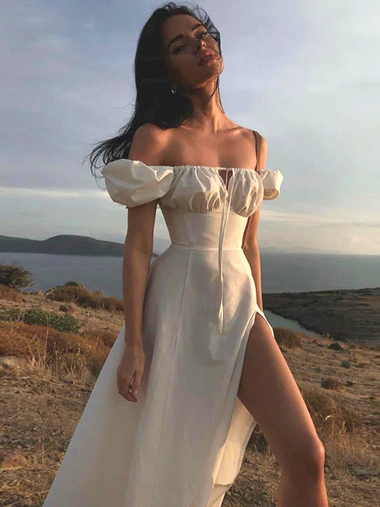 Elegant Off-Shoulder White Midi Dress with High Split