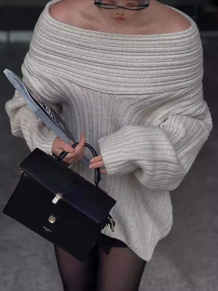 Women's Off-Shoulder Oversized Knit Pullover Sweater - Image 7