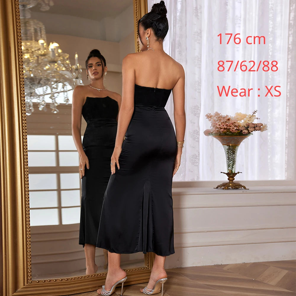 Elegant Strapless Velvet Maxi Dress for Wedding Guests - Image 6