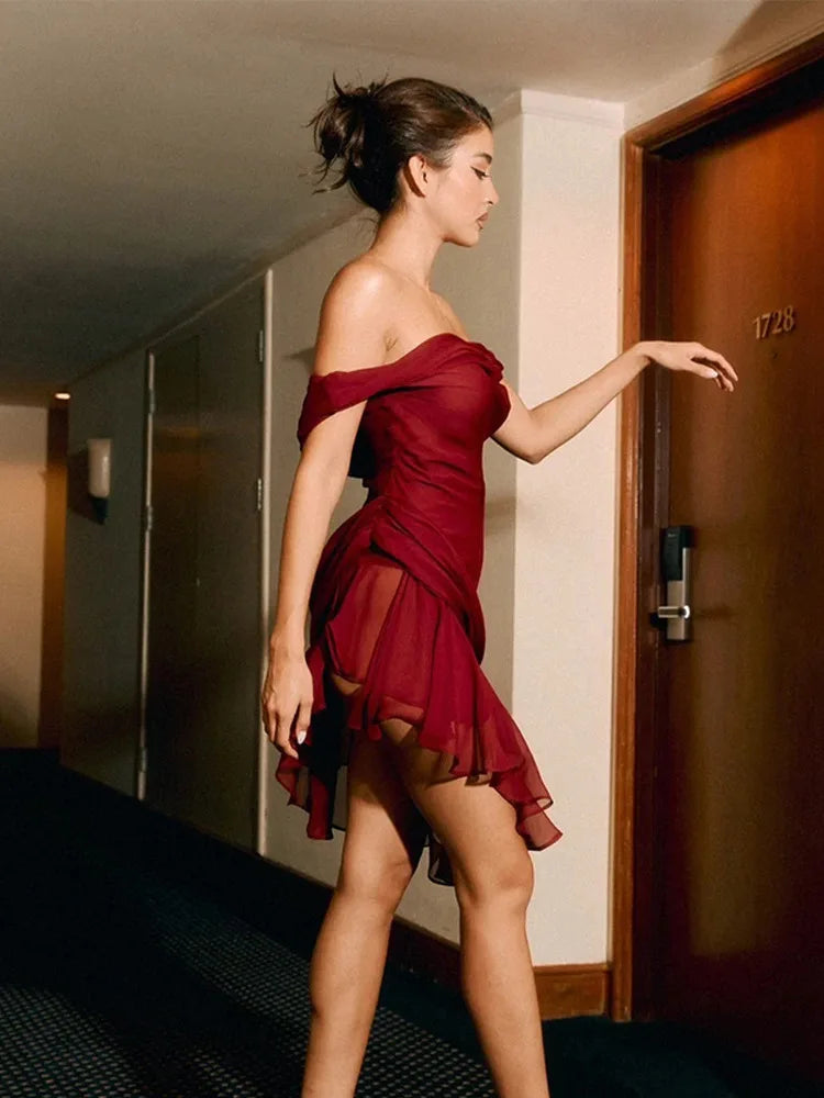 Elegant Slant Neck Sleeveless Ruffle Edge Women's Dress - Image 4