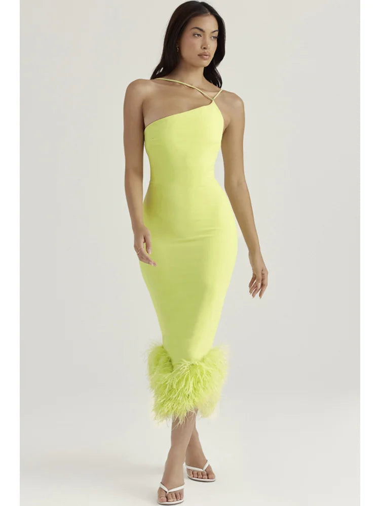 Elegant Backless Spaghetti Strap Feather Midi Dress for Women - Image 4