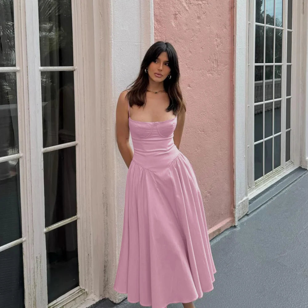 Elegant Pink Spaghetti Strap Midi Dress for Summer