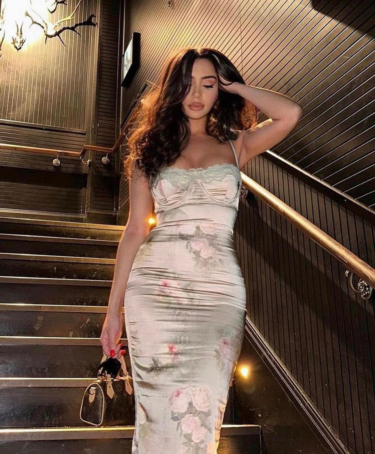 Elegant Lace Print Midi Dress with Spaghetti Straps for Women - Image 5