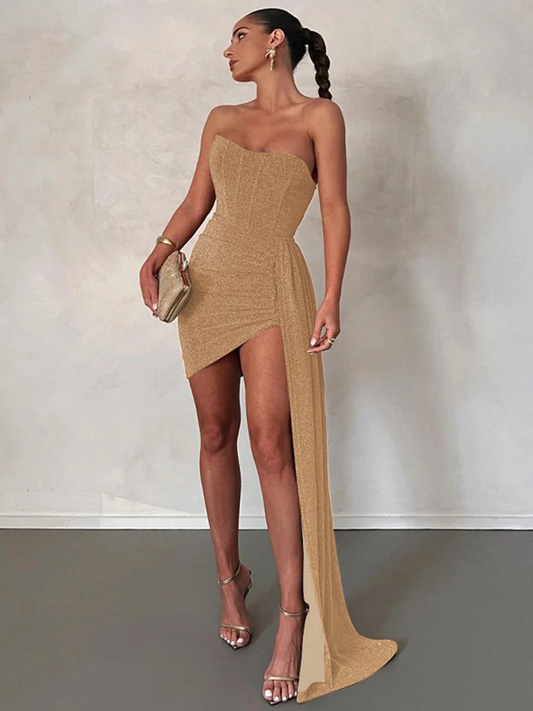 Elegant Ruched Glitter Bodycon Mini Dress for Women - Image 3