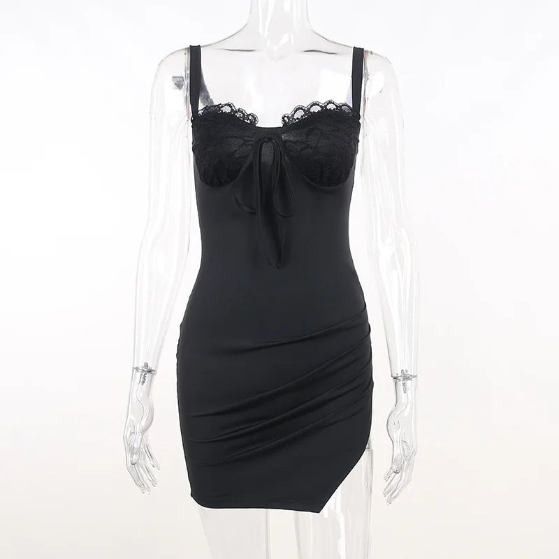 Satin Mini Evening Dress with Lace Trim and Slit - Image 8