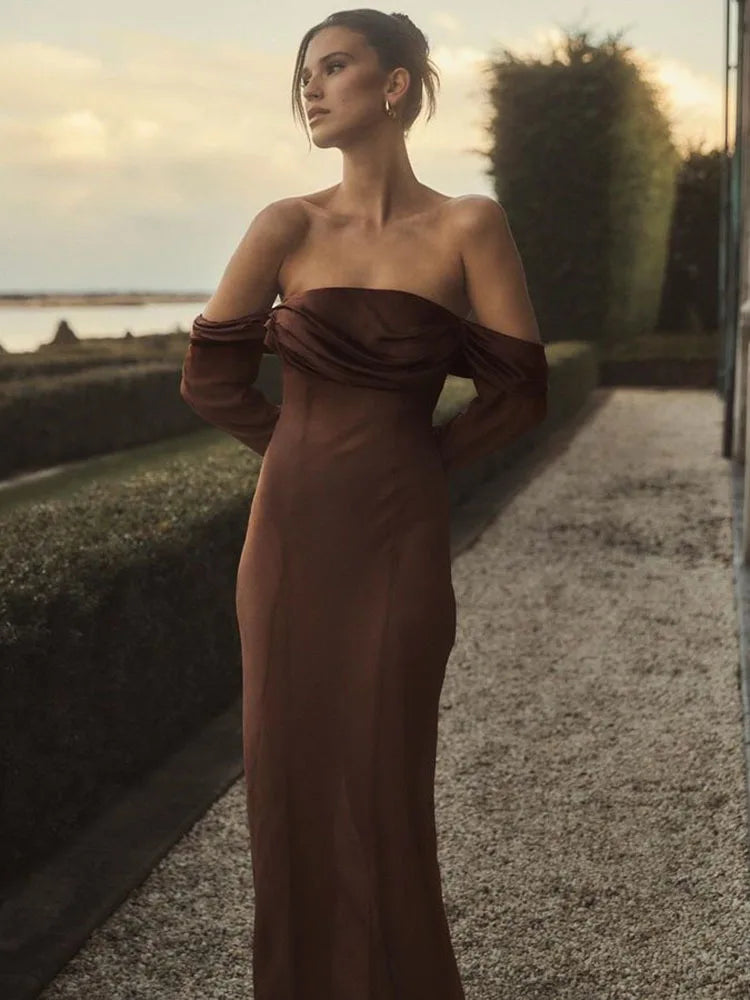 Elegant One-Line Neck Long Sleeve Maxi Party Dress - Image 3
